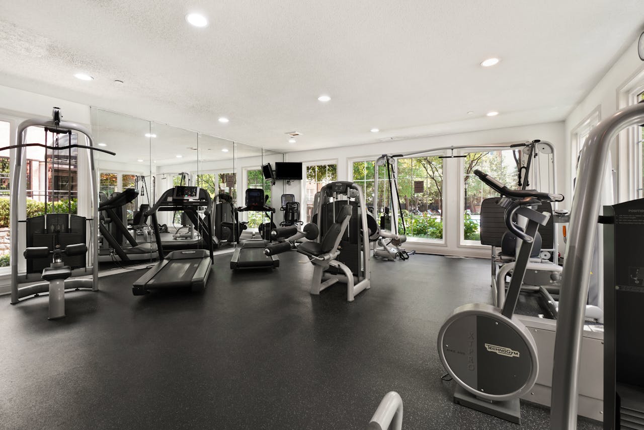 Spacious gym interior featuring modern cardio and strength equipment for a comprehensive workout.